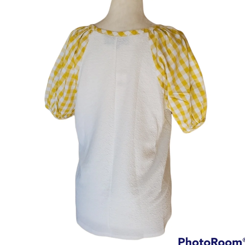 Anthro Sunday in Brooklyn | White Yellow Gingham Puff Sleeve Top Med